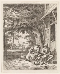 家の前に座っている犬と家族 人物のいる風景（連載タイトル）