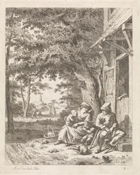 Gezin met hond, zittend voor een huis Landschappen met figuren (series title)   1333841   ja       japanese Successfully Translated  Original: Ontwerp voor een driedelige plafondversiering Translat: Ontwerp voor een driedelige plafondversiering 1355192 ja 