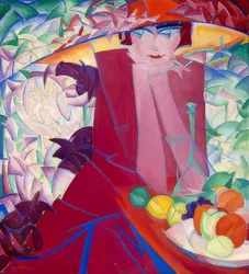 夏の家で大きな帽子の女性。 1913