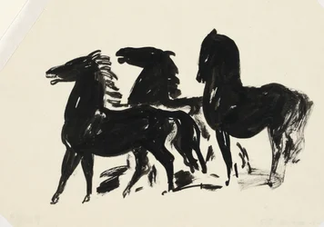 左を向いて立っている 3 頭の黒い馬
