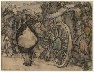 Flüchtlingeauf dem Weg von Amsterdam nach Roosendaal（アントワープからローゼンダールに向かう途中の難民）。 1914