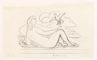 ビーチでリクライニングする女性ヌードとカモメ