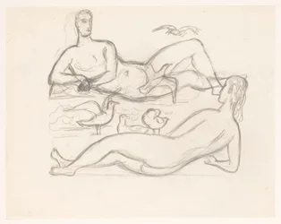 カモメに囲まれた海岸線で裸の男女