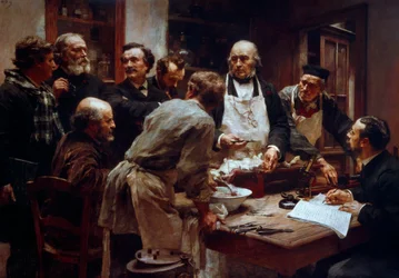 医師クロード・ベルナール（1813-1878）（エプロンをつけている）が弟子のポール・ベルト（1833-1886）とアルソンヴァルのアルセーヌ（1851-1940）を前にして行う解剖講習会 レオン・オーギュスタン・レルミット（1844-1925）画 19世紀 パリ、科学アカデミー内