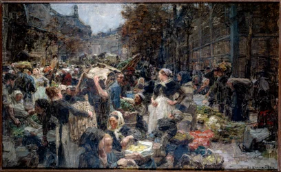 ホールの様子。19世紀のパリで行われたマルシェ・デ・アールの群衆。Leon Augustin Lhermitte（1844-1925）によるスケッチ