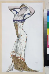 モダンなドレスのデザイン - レオン・バクストの作品 (1866-1924)、1910年頃のリトグラフ - (モダンなドレスのデザイン、レオン・バクストによるカラー・リトグラフ