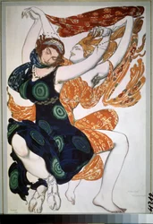 ニコライ・チェレプニン (Nicolas Tcherepnin) (1873-1945) によるバレエ「ナルシス」の衣装、2 つのベオティエンヌ (2 つのベオティエンヌ、N.Tcherepnin によるバレエ ナルシスの衣装デザイン)。 Leon Bakst (1866-1924) によるデッサン。 ペンに水彩、ガッシュ、ゴールド、シルバー