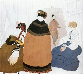女流画家のアトリエにて、ロシア人画家展ポスターのためのスケッチ（厚紙に水彩、ガッシュ、クレヨン、紙）