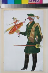 イギリス人、ジョアキーノ・ロッシーニによるバレエ・ラ・ブティック・ファンタスクの衣装 - レオン・バクスト（1866-1924）の作品、リトグラフ1919 - （ジョアキーノ・ロッシーニによるバレエ「魔法のおもちゃ屋」の衣装デザイン、レオン・バクスト、カラーリトグラフ