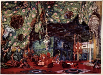 ニコライ（ニコライ）・リムスキー・コルサコフ（1844-1908）のオペラ「シェヘラザード」（Sheherazade）のために、ロシアの画家・装飾家レオン・バクスト（1866-1924）が描いたシナリオ。
