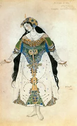 イーゴリ・ストラヴィンスキーのバレエ「火の鳥」のための衣装スケッチ「王女」（水彩画）