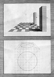 建築、遠近法、幾何学についての解説：建築家、数学者、ルネサンス期のイタリア人詩人、レオン・バッティスタ・アルベルティ（1404-1472）の「De Architectura Libri decem」から引用された板書（ロンドン