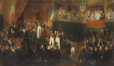 LOUIS-PHILIPPE (1773-1850) PRETE SERMENTIR LA CHARTE DE 1830 EN PRESENCE DES CHAMBRES, LE 9 AOUT 1830 peinture de LeON-JEAN-BASILLE PERRAULT AND HIS STUDIO - 1830年8月9日、代議士会で王として宣誓するルイ=フィリップ1世。