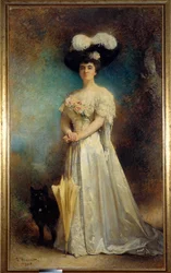 Portrait en pied de madame Maurice Pascal et son chien Tiny レオン・ジョセフ・ボナ（1833-1922）の絵画 1905 Sun.2,17x0,9 m Pau, musee des Beaux Arts - モーリス・パスカル夫人と愛犬タイニーの全身像。レオン・ジョセフ・ボナの絵画（1833-19