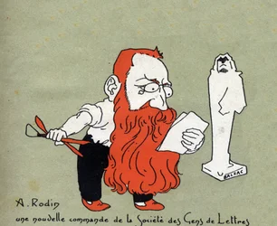 Societe des gens de lettres (バルザックによる彫刻) からの新しい委員会によるオーギュスト ロダンの漫画 - Leon Lebegue (1863-1944) によるイラスト - 「Le sun-du-dimanche」の彫刻