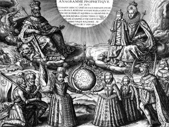 1607年のフランス王室（宣伝）：フランス王アンリ4世と王妃マリー・ド・メディシスが娘のクリスティーヌを抱いている様子、下：他の子供たち（後のルイ13世、エリザベート、アンリエット=マリー）。右側：王に続く病人