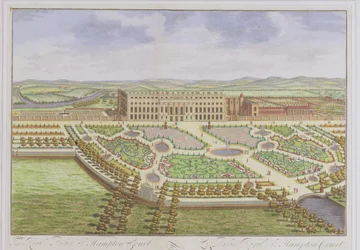 ハンプトンコートの王宮、ヨハネスキップ（c.1652-1722）によって彫刻された「ロンドンの調査」から、1730（色の彫刻）