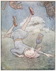 A Nursery Rhyme Picture Book』より「The man in the moon came tumbling down」。1914年（カラーリトグラフ）。