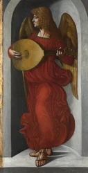 「リュートを弾く赤い衣の天使」 レオナルド・ダ・ヴィンチ (レオナルド・ダ・ヴィンチ) (1452-1519) の側近の絵画 1490-1499 年頃 ロンドン ナショナル ギャラリー