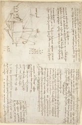 Arundel 263、f.127、遠近法での機械掘削機のメモと概略図（側面）、c.1503-5（紙にペンとインク）