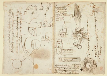 Arundel 263 f.137v、f.136 注記と概略図 (横向き)。 「Codex Arundel」からの数学的計算 (横向き) (紙にペンとインク)