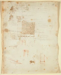 Arundel 263 f.153 座っている男の横顔のラフスケッチ。 九九; 「Codex Arundel」からの正方形の柱、壁、コインの表と裏の断片的なスケッチ (1483-1499) (紙にペンとインク)