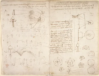 Arundel 263, f.221v, f.220 「Codex Arundel」のメモ、図表、スケッチ (紙にペンとインク)