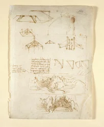 Arundel 263, f.224 メモと図。 「Codex Arundel」からの山と洞窟のスケッチ (紙にペンとインク)