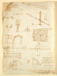 Arundel 263 f.231v、「Codex Arundel」のメカニズムに関するメモとスケッチ (紙にペンとインク)