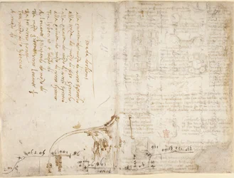 Arundel 263, f.263v, f.270 ロモランタン市からの「オルレアンへの道」の旅程を説明するメモとスケッチ (Francesco Melzi 作) (横から)、「Codex Arundel」から (紙にペンとインク) )