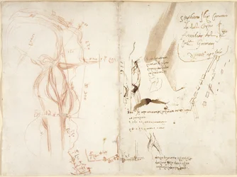 Arundel 263, f.275v, f.274 アルノ川の平面スケッチ。 距離と方向に関する注意事項