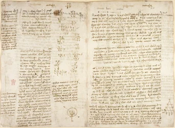 Arundel 263、f.279v f.280、メモ、「prespectiva」というタイトルの数学計算と図、「コースティック」ピラミッド、力学（アルキメデスを参照）、天文学と力学、c.1515（紙にペンとインク）
