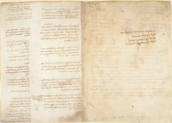 Arundel 263、f.37v、f.38r 「Codex Arundel」からの力学に関するメモ、c.1495-7 (紙にペンとインク)