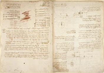 Arundel 263, f.38v, f.37 「Codex Arundel」からの算術ノート (紙にペンとインク)
