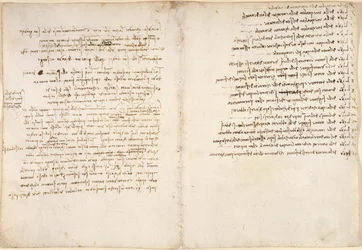 Arundel 263、f.58v、f.45、「Codex Arundel」からの水に関するメモ (紙にペンとインク)