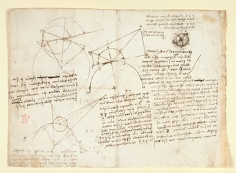 Arundel 263, f.64v 1 枚の大きな葉の裏面。以前は右端に沿って綴じられ、ノートに折り畳まれていました。 Alhazenの問題に関する、光学に関するメモと図。 Lに関するメモを伴う眼球の模式図