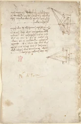 Arundel 263、f.93v ノートと光学系の概略図。 「N.la di Pit.ra」に注意してください