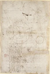 Arundel 263、f.95v Alhazen の問題に関する光学に関するメモと図。 「Codex Arundel」からの格子構造を表す 2 つのスケッチ、c.1506-08 (紙にペンとインク)
