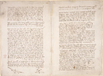 Arundel 263, ff.16v-17, Leonardo da Vinci のメモと「Codex Arundel」の図 (紙にペンとインク)