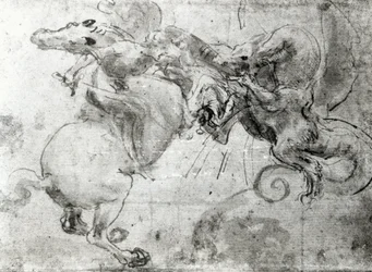 ライダーとドラゴンの間の戦い、1482年頃（スタイラスの描画、紙にペンとブラシ）