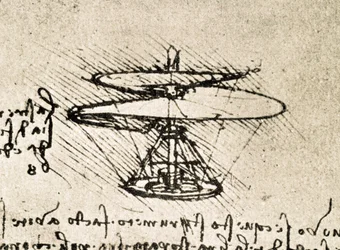 空中スクリュー（ヘリコプター）」の原理と構造を記したダ・ヴィンチ手稿からの抜粋（原稿）