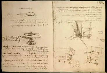 飛行機械、ヘリコプターのような飛行機械の最初期の素描の一つ、1487年頃