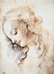 レオナルド・ダ・ヴィンチ（Leonardo da Vinci）（1452 - 1519）。目を閉じて頭を下げ、髪を宝石で装飾されたバンドで飾った少女の肖像（Immagina