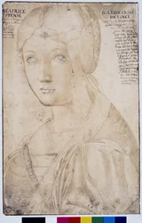 ベアトリーチェ・デステ（1475-1497）の肖像、レオナルド（レオナルド・ダ・ヴィンチ）（1452-1519）の様式による素描、ウフィツィ美術館、フィレンツェ（イマジナ）