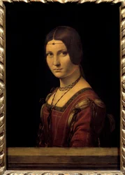 Ritratto di dama.ミラノ宮廷の女性の肖像。"美しい鉄細工 "と間違えられた。レオナルド・ダ・ヴィンチ（Leonardo da Vinci）（1452-1519）の絵画 15世紀 日。0,63x0,45m。- Ritratto di dama.ミラノの宮廷女性の肖像で、W