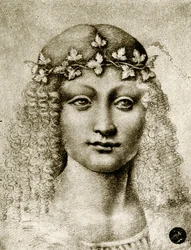 つるに花輪を捧げる少女の頭