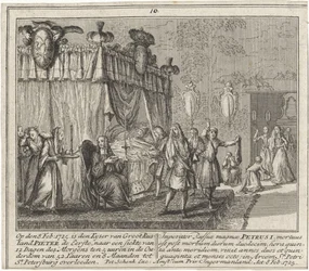 La mort de Pierre I le Grand, le 8 fevrier 1725 - 1725年2月8日のピョートル大帝の死、シェンク、レナード（1696-1767）作。銅製エングレーヴィング