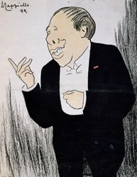 Leonetto Cappiello（1875-1942）が1899年に描いた風刺画の俳優Alexandre Coquelin（Coquelin Cadet（1848-1909）として知られる）。