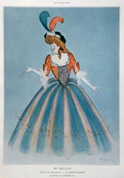 レジャン（1856-1920）と呼ばれるコメディアンのガブリエル・シャルロット・レイユがモンタンシエ役で登場。レオネット・カッピエーロ（1875-1942）の水彩画 パリ、装飾美術