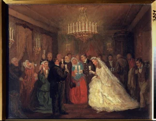 結婚式。 （結婚式のゲストは新婚夫婦の周りでグラスをチリンと鳴らします。）Leonid Ivanovich Solomatkin（1837-1883）による絵画、キャンバスに油彩